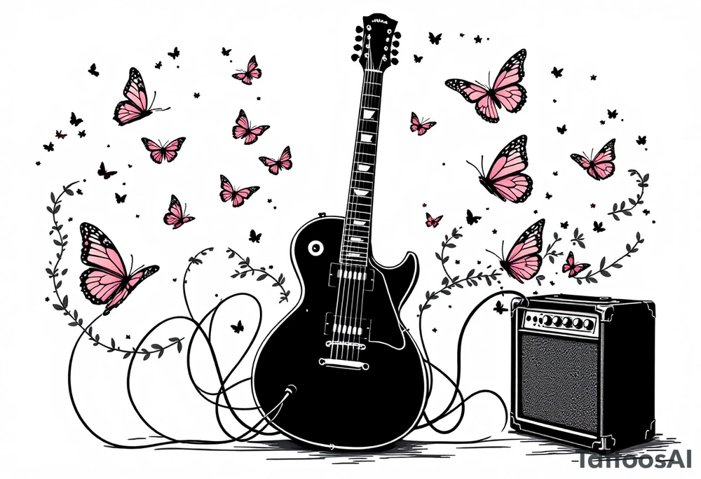 An electric guitar plugged into an amp with butterflies flying around it in memory of tattoo tattoo idea