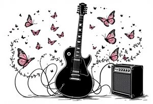 An electric guitar plugged into an amp with butterflies flying around it in memory of tattoo tattoo idea