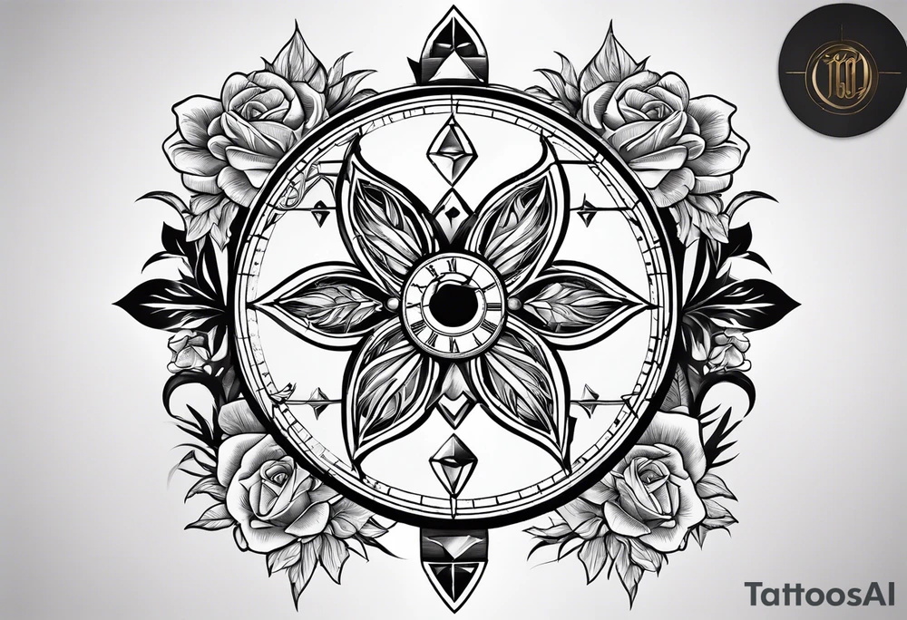 I want a design to print on t-shirts. The design is an hourglass with a wristwatch in the middle with Amazigh numbers, and this watch is surrounded by planets and Ashulk roses. tattoo idea