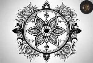 I want a design to print on t-shirts. The design is an hourglass with a wristwatch in the middle with Amazigh numbers, and this watch is surrounded by planets and Ashulk roses. tattoo idea