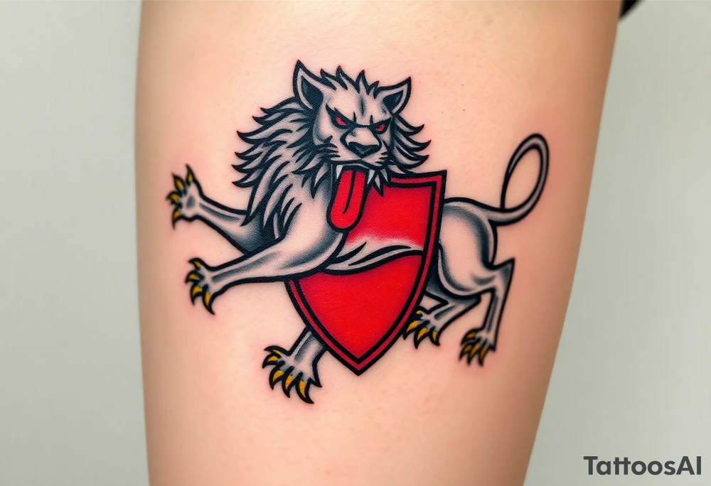 A majestic double-tailed silver lion with golden claws and a red tongue, standing proudly in a red shield, symbolizing strength and courage tattoo idea