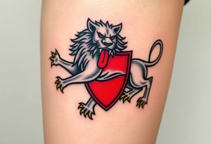 A majestic double-tailed silver lion with golden claws and a red tongue, standing proudly in a red shield, symbolizing strength and courage tattoo idea