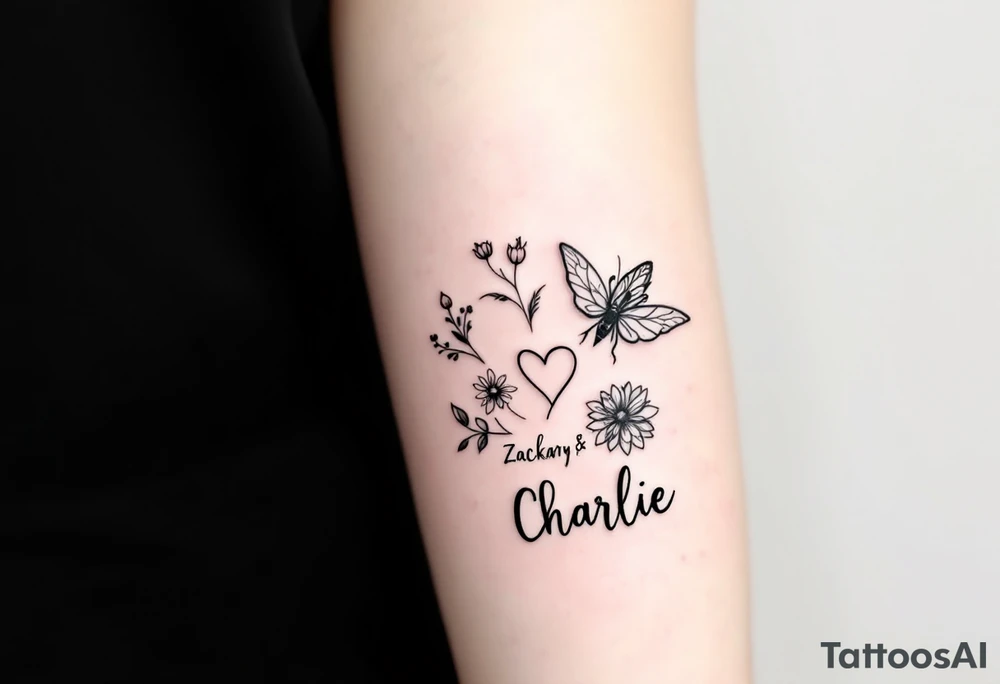 Flowers, heart and buttherfly with name Zackary and Charlie tattoo idea