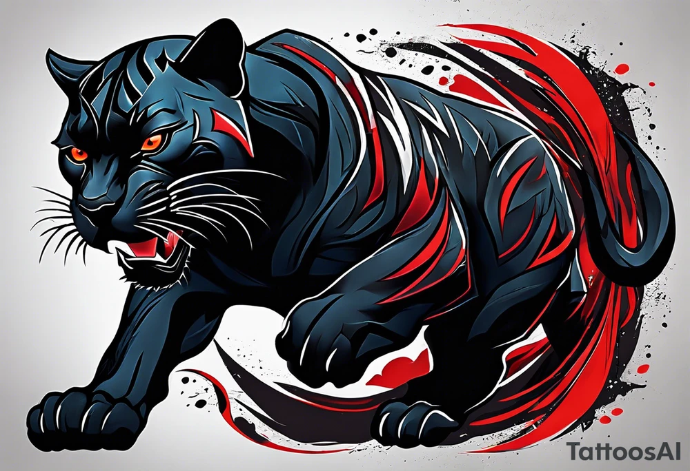 unique black panther tattoo, dynamic pose, showcasing its strength and grace, striking red eyes, intense and captivating elements, artistic flair, blending realism with abstract elements tattoo idea