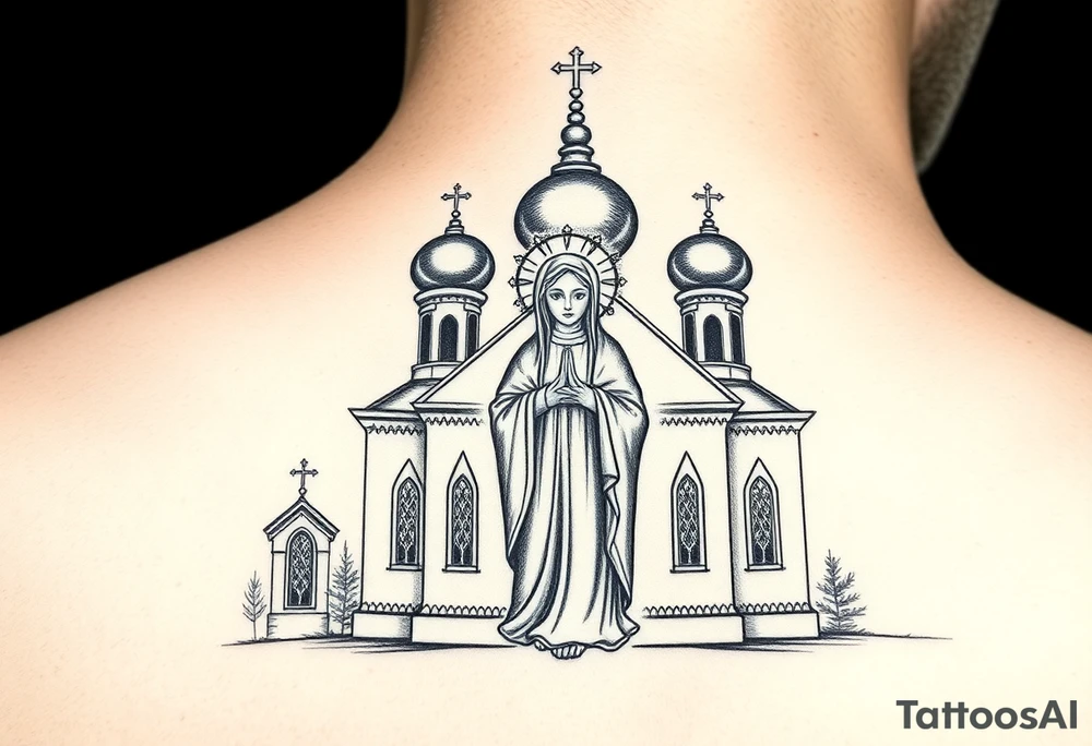 Russian orthodox church with bulb domes with a prominent russian orthodox style virgin mary stood outside with hands together tattoo idea