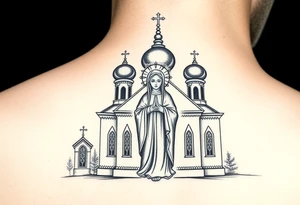 Russian orthodox church with bulb domes with a prominent russian orthodox style virgin mary stood outside with hands together tattoo idea