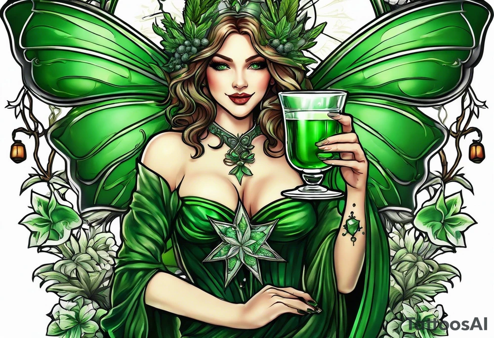green fairy holding a glass of absinthe, wormwood and star anise trim tattoo idea