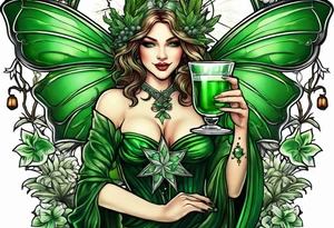green fairy holding a glass of absinthe, wormwood and star anise trim tattoo idea
