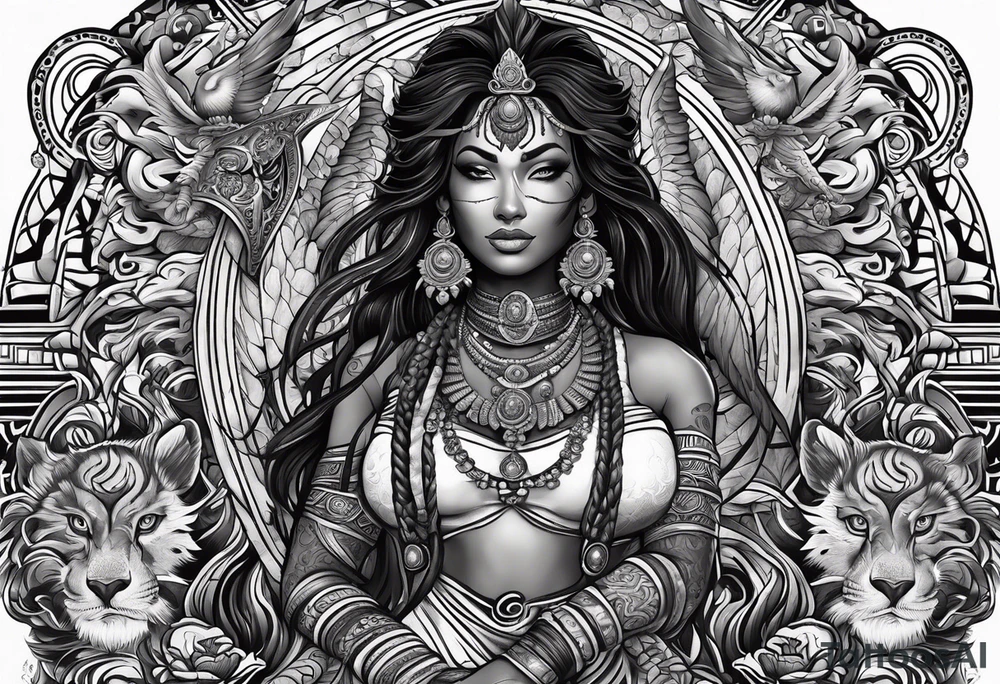 black kali, goddess pirate, alien, angel, pachamama, valkrye, warrior, flying, skull, lotus azul, wing, eagle, zenza resonance, stars, 5D, anahata chakra, death, durga, riding on a tiger, flying lady, kundalini, chest tatoo, samuri, rebel tattoo idea
