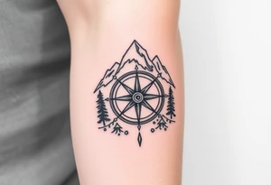 Nature including a compass as the centerpiece with mountains and trees in the background tattoo idea