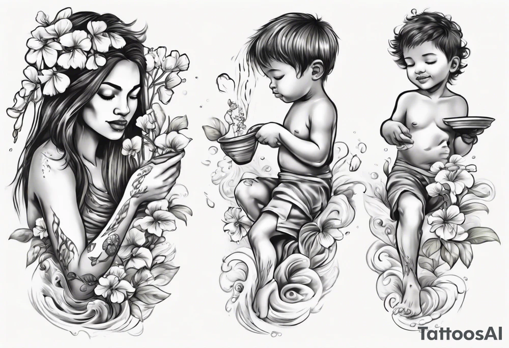 ethnic 
water-bearing woman and two little boys, watering sweet pea flowers cascading down, (leg art) tattoo idea