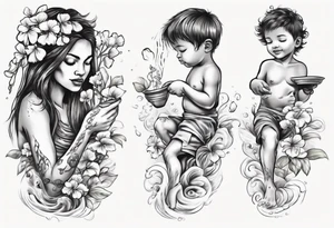 ethnic 
water-bearing woman and two little boys, watering sweet pea flowers cascading down, (leg art) tattoo idea