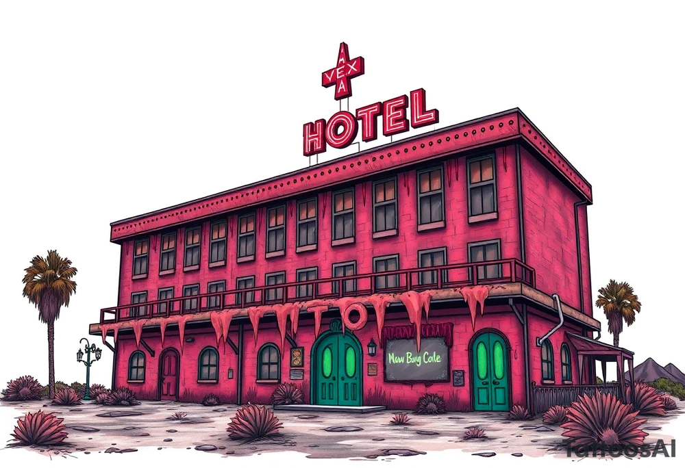 Tim Burton’s vegas sex hotel from outside viewis abandoned and dripping with muted reds, dusty pinks, and eerie green glow. tattoo idea tattoo idea