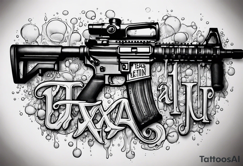 AR15 dripping syrup and the words Texas Made in bubble letters on top of the AR tattoo idea