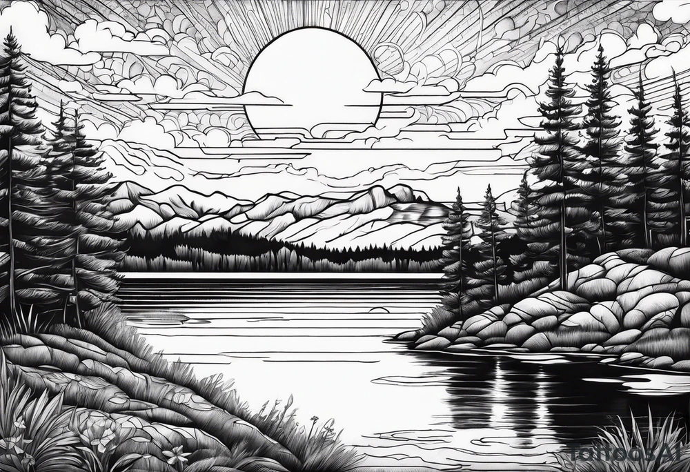 Lake surrounded by dawn sky tattoo idea