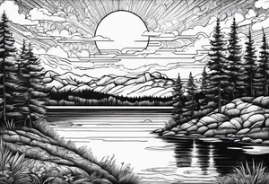 Lake surrounded by dawn sky tattoo idea
