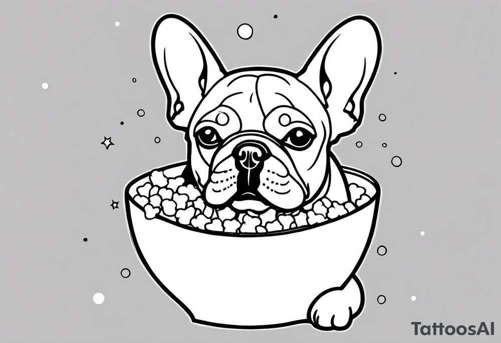 A fine line tattoo of a french bulldog eating popcorn tattoo idea
