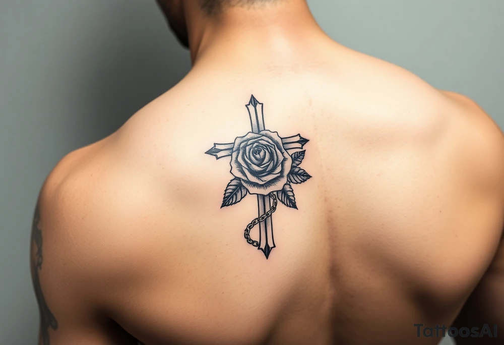 A Forearm tattoo with a Cross and a rose and chains tattoo idea