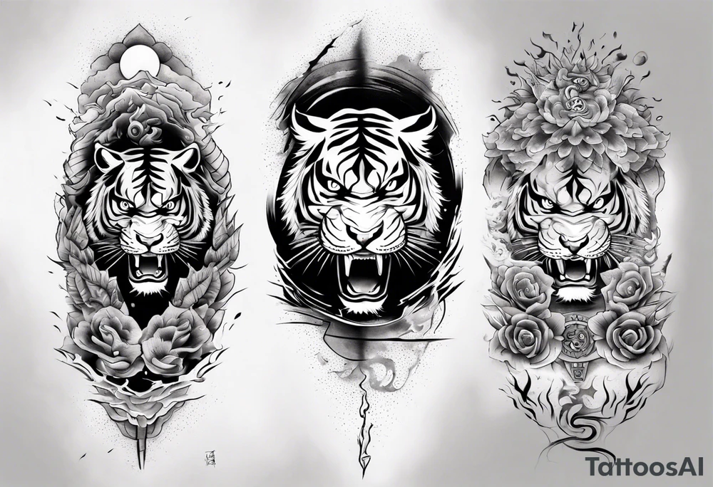Tiger Warrior sleeve tattoo with lightning and the sun
Forearm sleeve tattoo idea