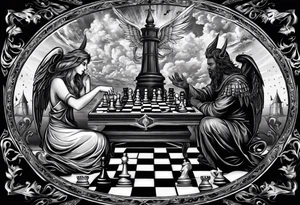 Depict an angel and devil engaged in a chess game, with the chessboard reflecting the cosmic battleground between good and evil, symbolizing the strategic nature of the eternal conflict. tattoo idea