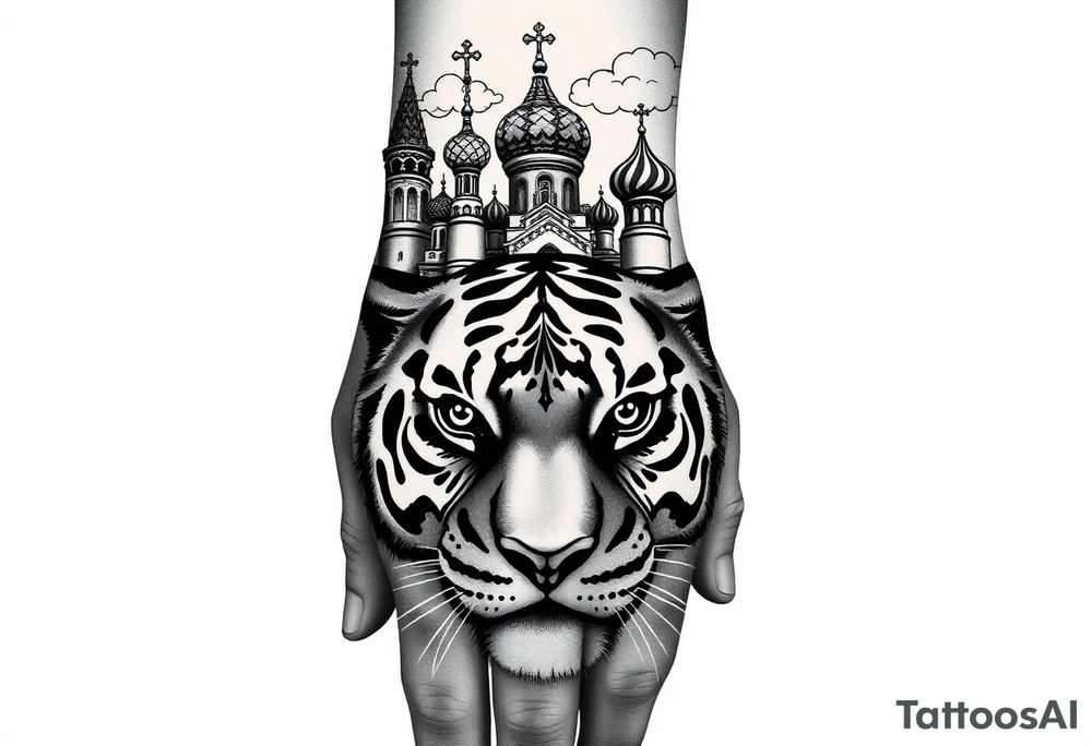 Realistic tiger face on the back of the hand with strong contrast and fine detail with all black eyes. then a highly detailed Russian Orthodox cathedral sitting above on the top fore arm with onion domes and orthodox crosses, done in fine line, engraving-like style. Cohesive composition, black ink only, no color, high contrast, slightly aged, documentary-style, plain light background. with clouds above and a virgin mary tattoo idea