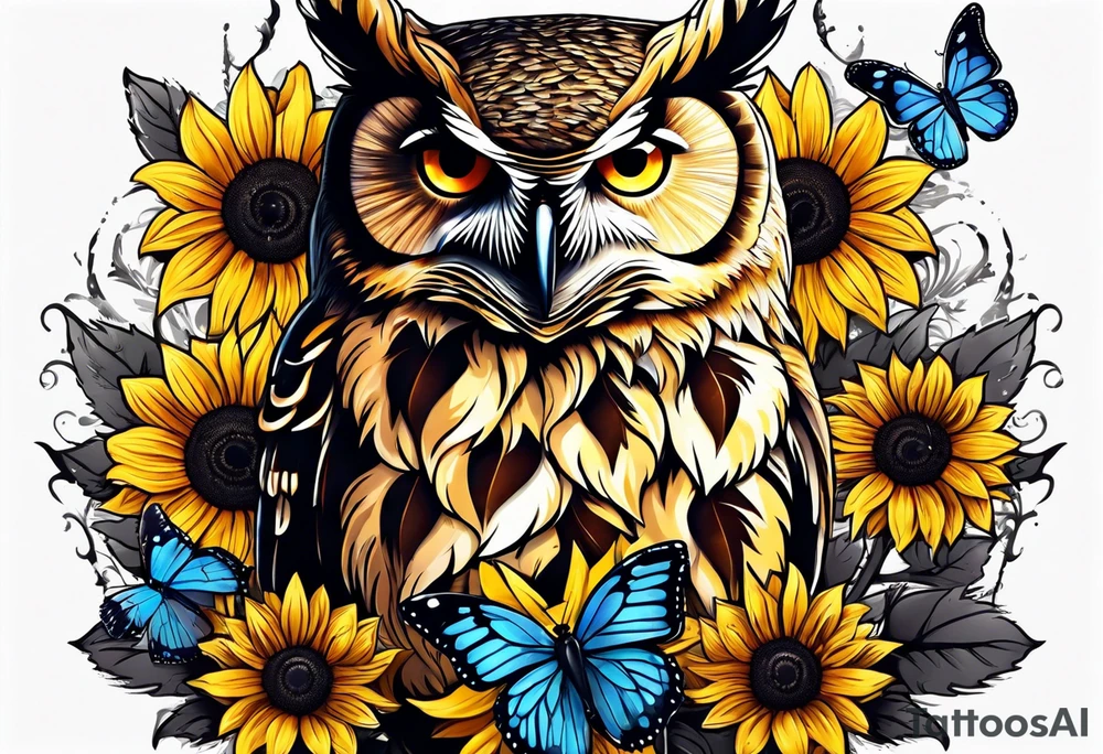 Owl, sunflower with a butterfly tattoo idea