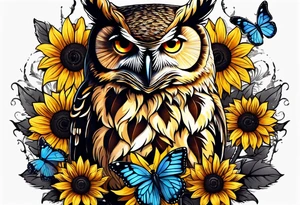 Owl, sunflower with a butterfly tattoo idea