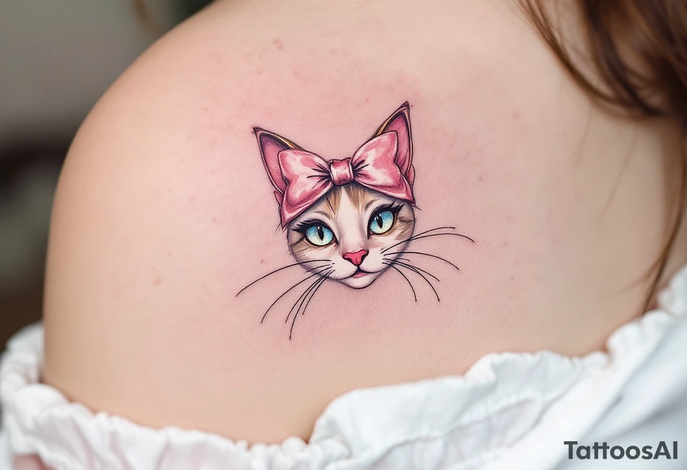 Channeling Parisian chic, this white and pink Marie with pink head bow tattoo honors The Aristocats in style. tattoo idea