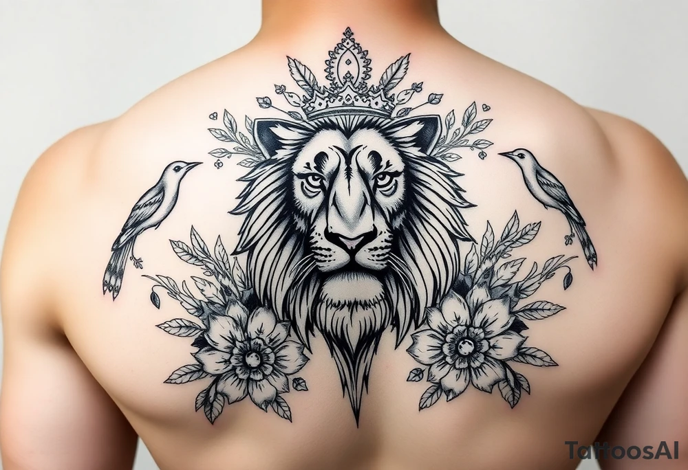 powerful majestic lion with a crown, surrounded by floral ornaments and birds tattoo idea