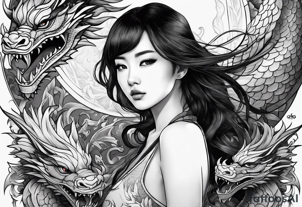 a girl surrounded by asian dragon with wings tattoo idea