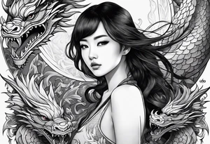 a girl surrounded by asian dragon with wings tattoo idea