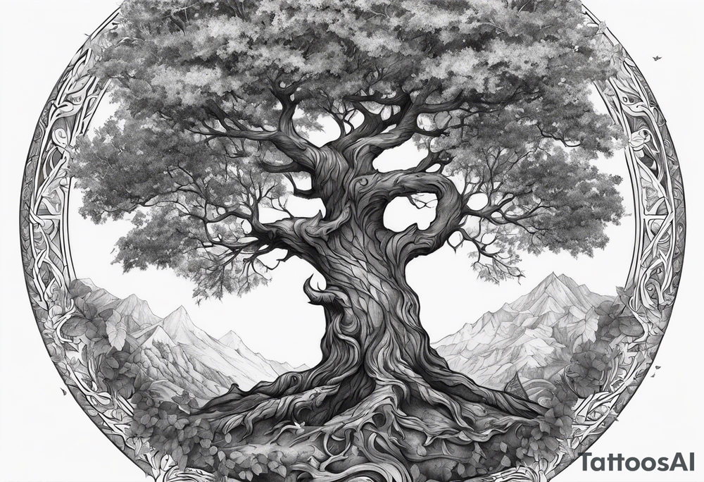 Tattoo of the norse world tree, one half is rotten, the other is full of leaves tattoo idea