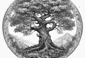 Tattoo of the norse world tree, one half is rotten, the other is full of leaves tattoo idea