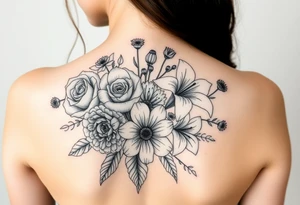 Bouquet of al these flower; Rose, carnation, lily, aster, larksper tattoo idea