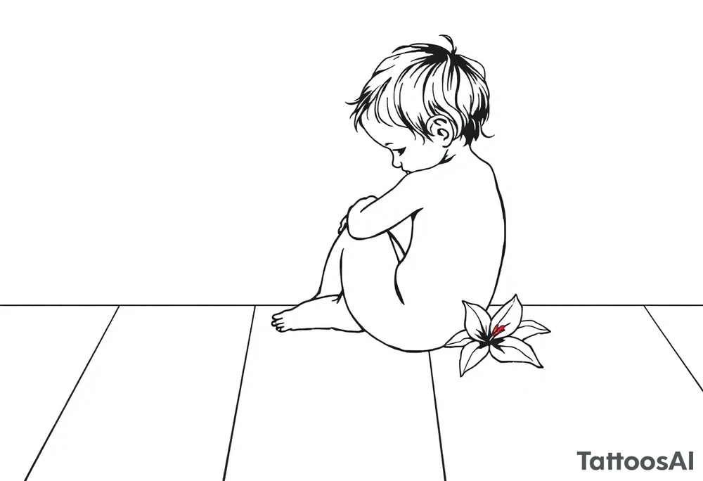A simple tile floor with a minimalist outline of a curled up child sitting on the floor with a lily next to her tattoo idea