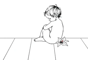 A simple tile floor with a minimalist outline of a curled up child sitting on the floor with a lily next to her tattoo idea