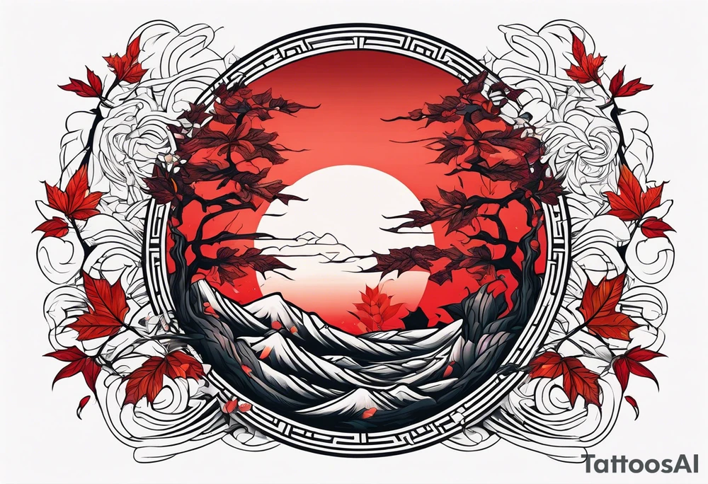 katana, red leaves, red sun tattoo idea
