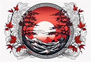 katana, red leaves, red sun tattoo idea