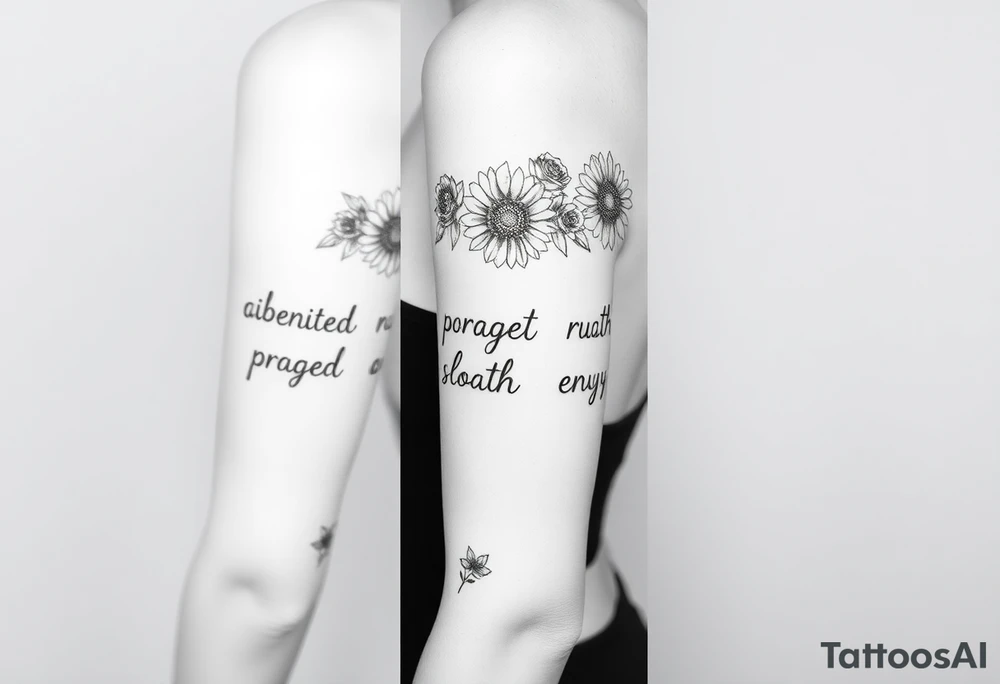 powerful sexy seven deadly sins with words greed, pride, gluttony, wrath, lust, sloth and envy, surrounded by sunflowers and roses tattoo idea