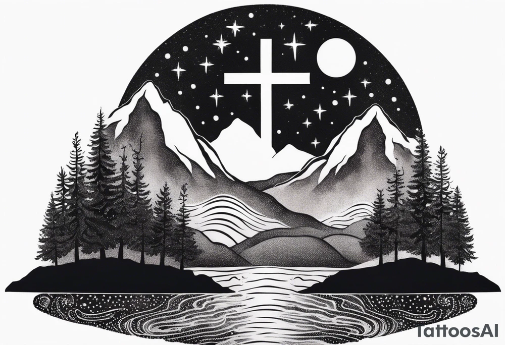 nature with mountains, waterfall, water, and a cross in the background and and moon/sun in the sky with stars tattoo idea