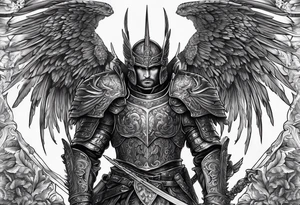 A twelve winged angel in full armour with overly large sword

Powerful demon commander faces a powerful angel commander in the centre of the tattoo idea