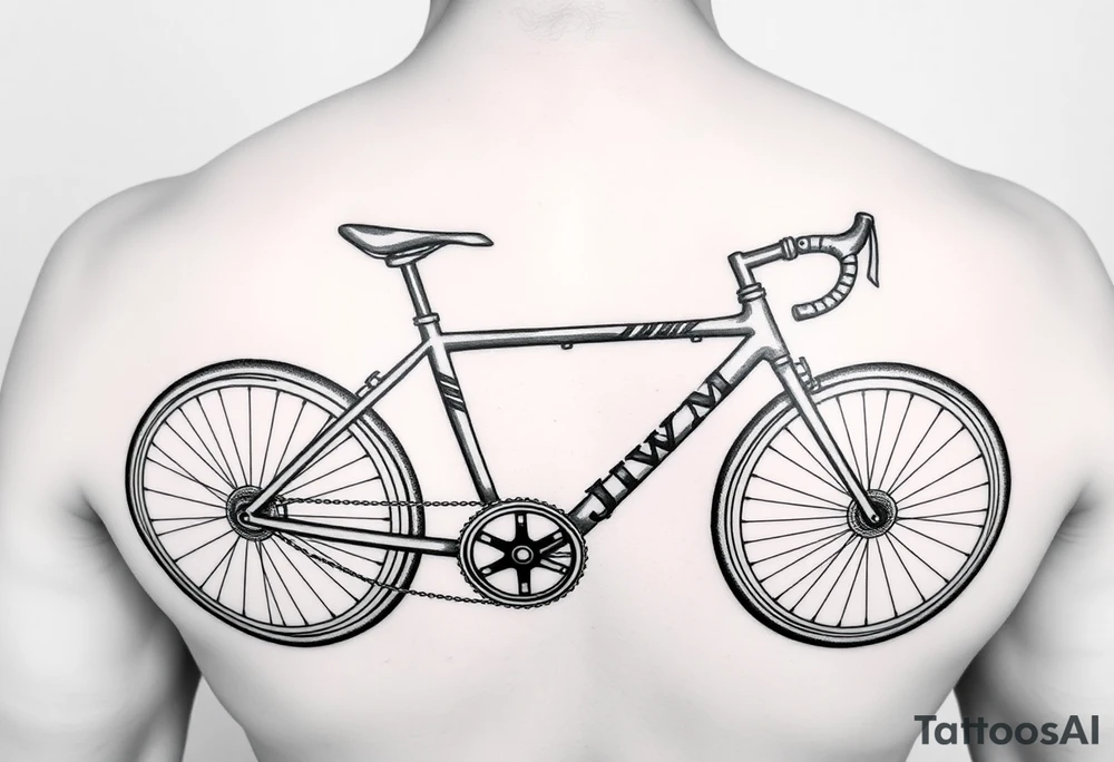 A stylized long wheelbase recumbent with integrated frame lettering spelling out JWM 4” long. tattoo idea