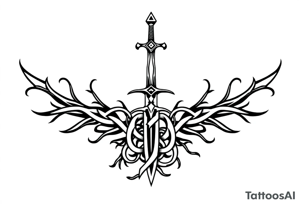 a single small sword with an overgrown Celtic knot band infused with roots tattoo idea