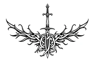 a single small sword with an overgrown Celtic knot band infused with roots tattoo idea
