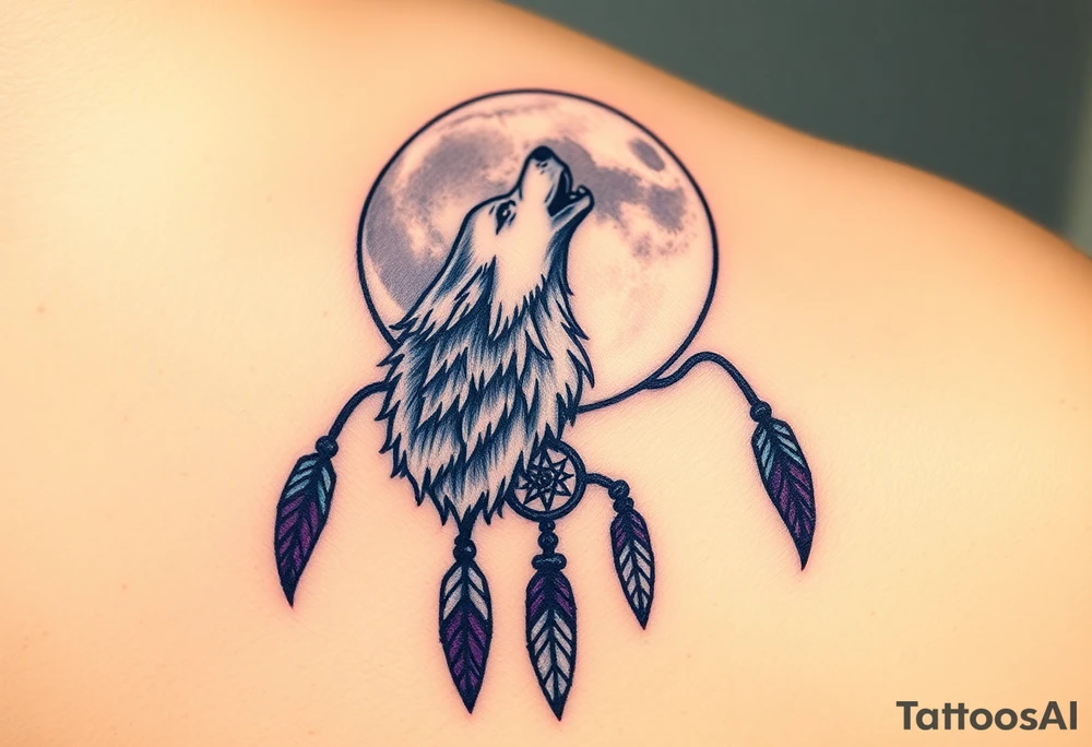 A full moon behind a wolf howling at the night sky, with dreamcatcher threads hanging below, colored in deep purples and silvery whites tattoo idea