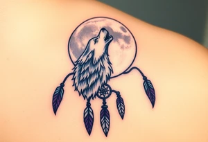 A full moon behind a wolf howling at the night sky, with dreamcatcher threads hanging below, colored in deep purples and silvery whites tattoo idea