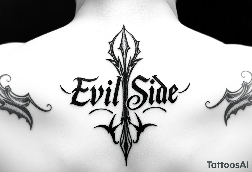 Bold cover up saying Evil Side from ear to ear on neck black and white tattoo idea