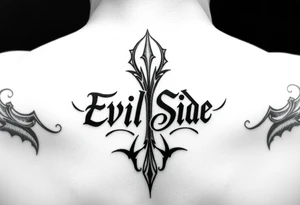 Bold cover up saying Evil Side from ear to ear on neck black and white tattoo idea