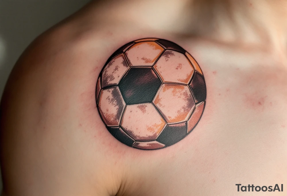 A vintage-style soccer ball shaded in sepia and brown tones with cursive lettering. tattoo idea