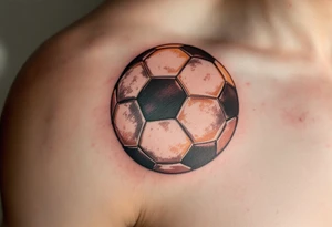 A vintage-style soccer ball shaded in sepia and brown tones with cursive lettering. tattoo idea